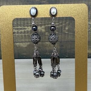 Boho Sterling Silver Filigree Scroll Faceted Bead Pearl Dangle 925 Earrings